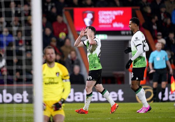 Liverpool's Diogo Jota celebrates his first goal. Photo credit: Andrew Matthews/PA Wire.